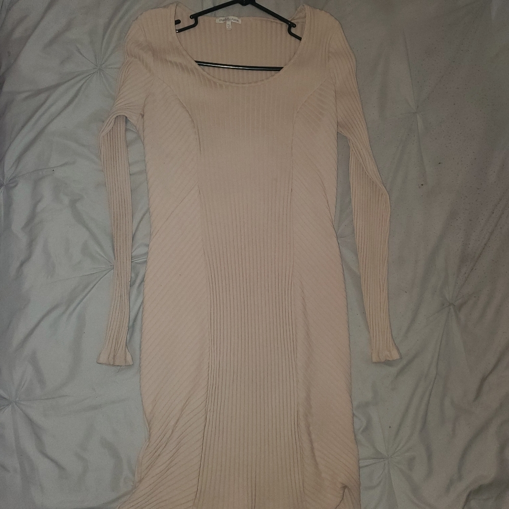 Beige Ribbed Long-Sleeve Dress